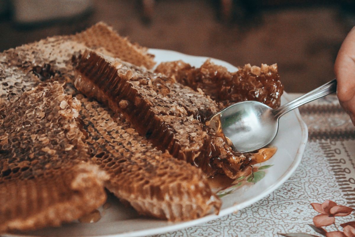Raw honeycomb with a spoon of golden honey