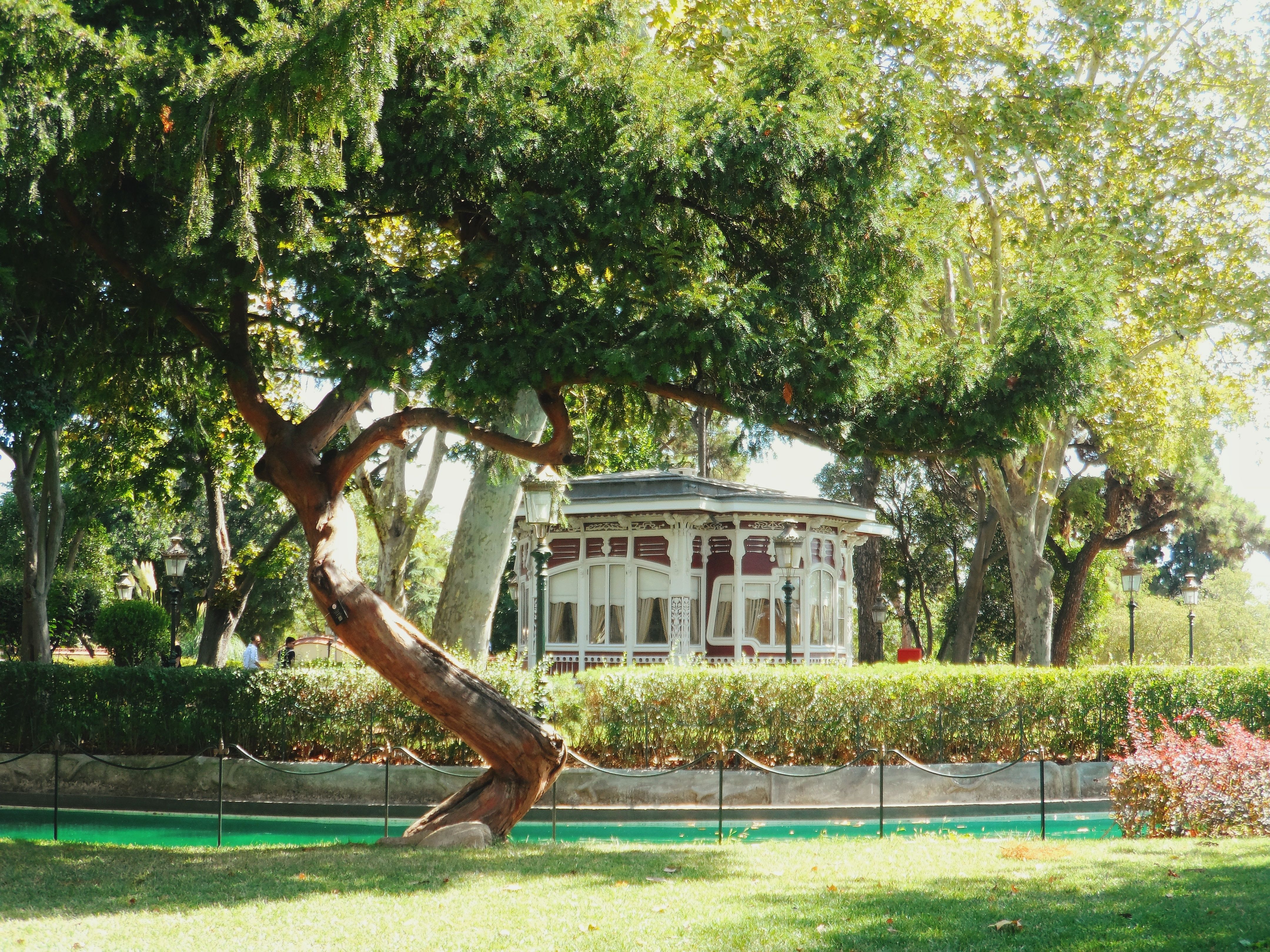 Bandstand, duck pond and old trees in Jardim da Estrela opposite the white dome of the Estrela Basilica