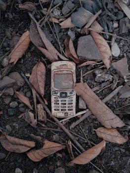 A worn-out cellphone lies forgotten among dry leaves and dirt, reflecting decay and obsolescence.