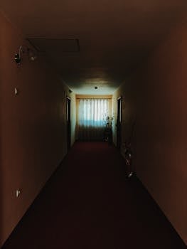 昏暗的走廊里，自然光透过窗帘，营造出一种怪异的氛围