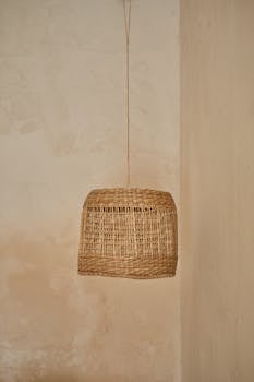 A rustic woven lamp hanging against a textured wall, perfect for minimalist interior design.