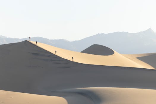 Silhouettes of hikers trekking across golden sand dunes in a vast desert landscape.