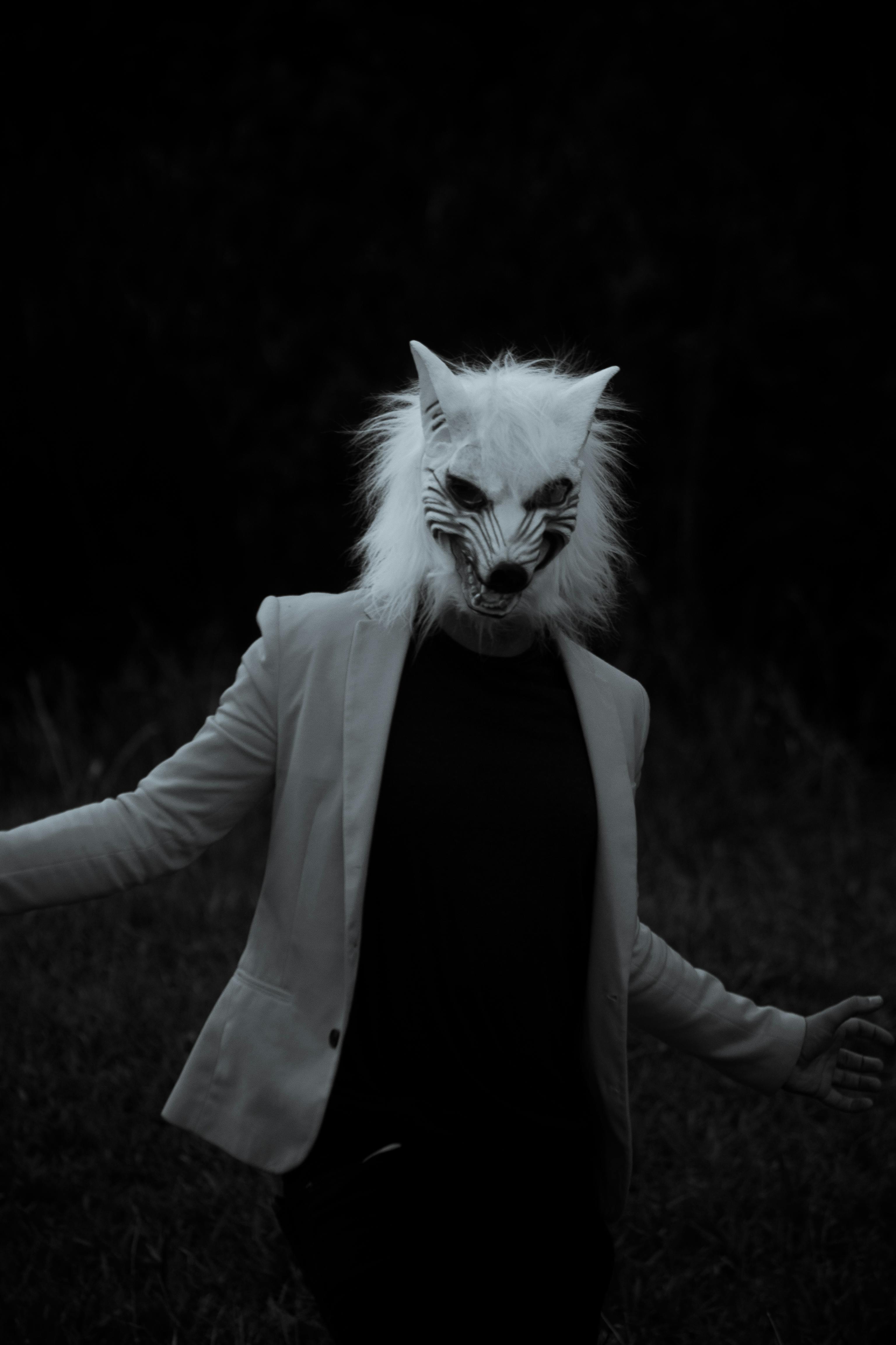 A person wearing a white fox mask and blazer in a dark, eerie setting.