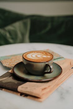 A beautifully crafted cappuccino with latte art resting on a newspaper covered table.
