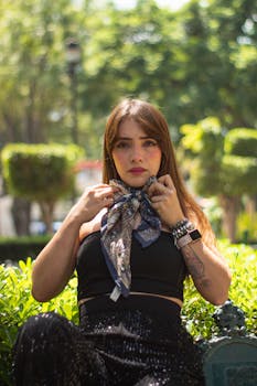 Stylish young woman in a park setting, wearing a chic scarf on a sunny day.