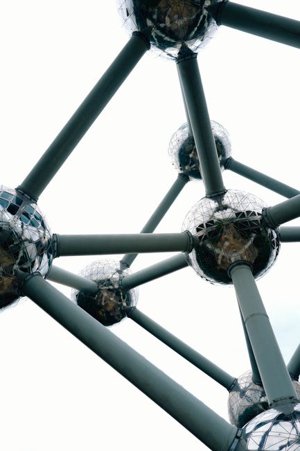 Close-up of the Atomium, showcasing its metallic geometric design in Brussels.