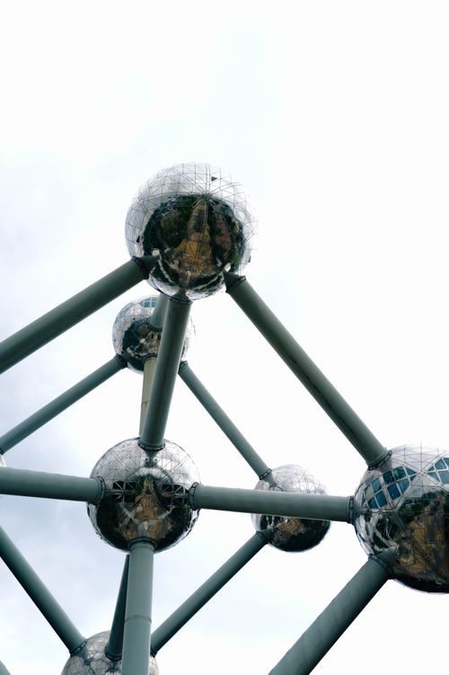 Free A close-up view of the Atomium structure in Brussels, showcasing its unique metallic spheres and tubes. Stock Photo