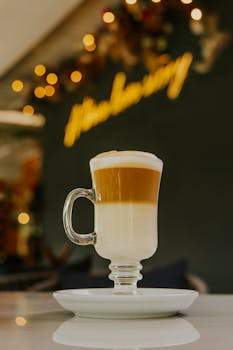 A glass of cappuccino with foam in a cozy cafe, highlighted by warm, festive bokeh lights.