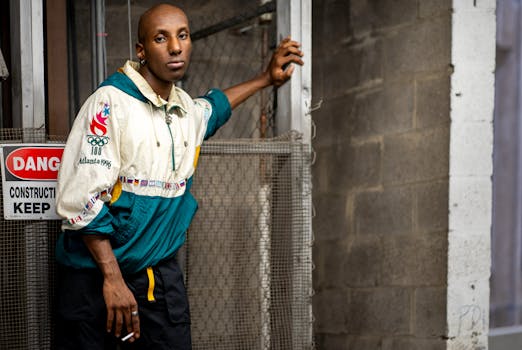 Stylish portrait of a man in Atlanta with retro sportswear, urban background.