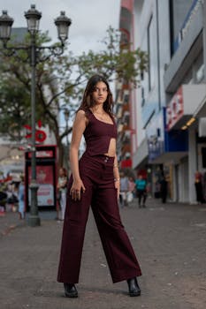 Stylish woman standing confidently on a bustling city street with modern architecture.