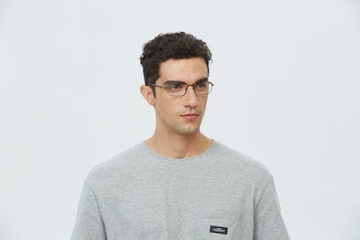 Portrait of a young man wearing glasses and a gray T-shirt in a studio setting.