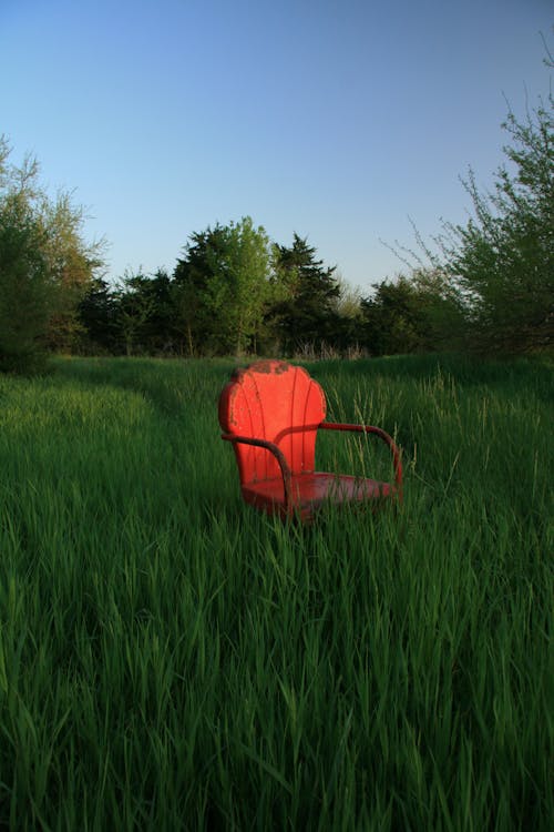 Roter Hölzerner Sessel Auf Grünem Feld