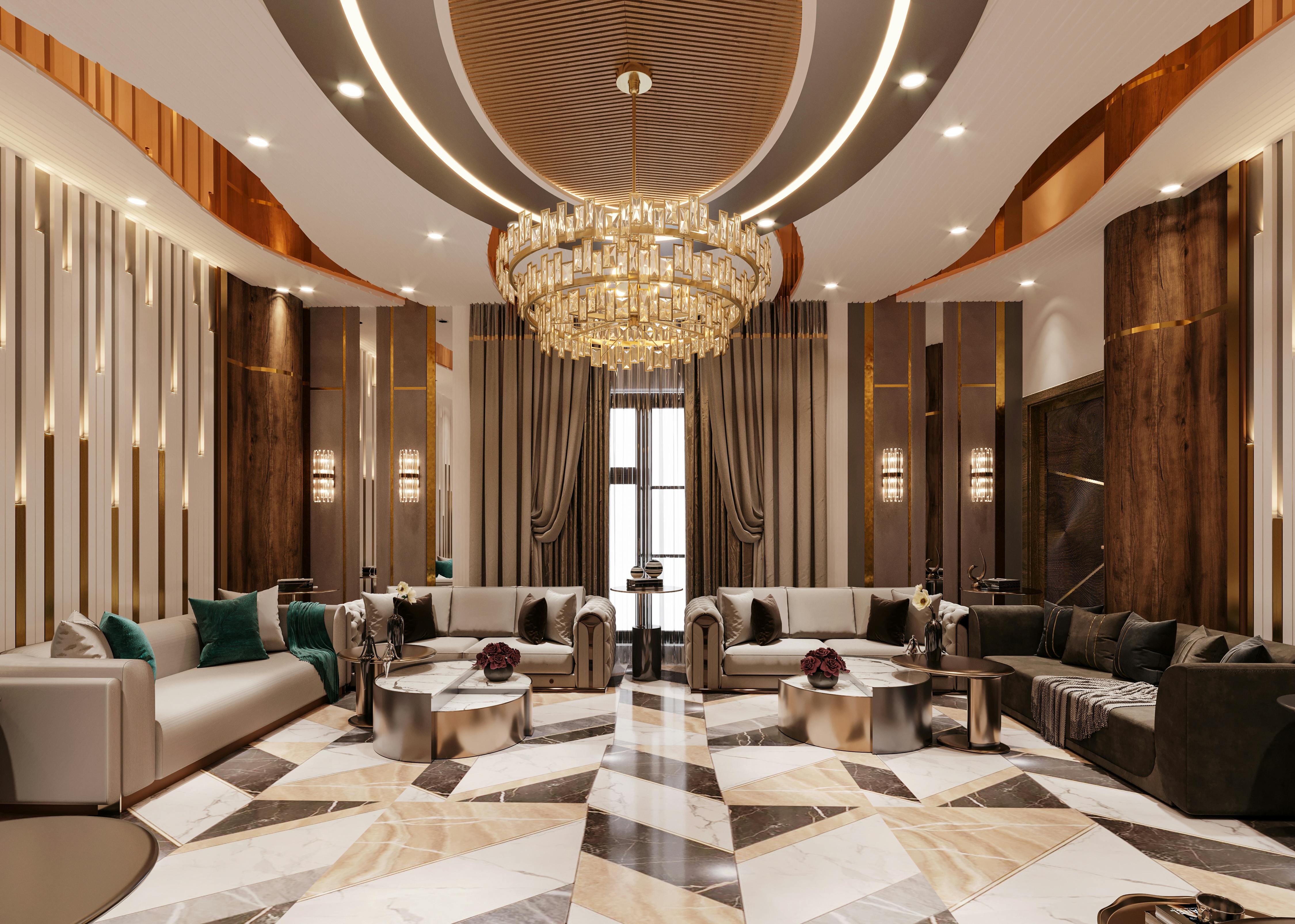 Elegant living room with a large chandelier and modern furnishings in Lahore.
