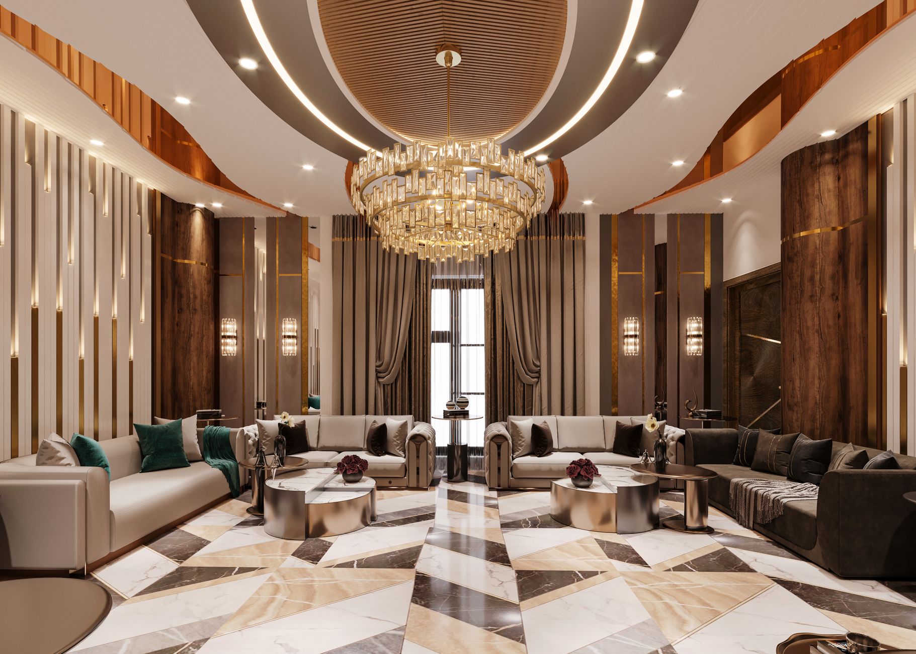 Elegant living room with a large chandelier and modern furnishings in Lahore.