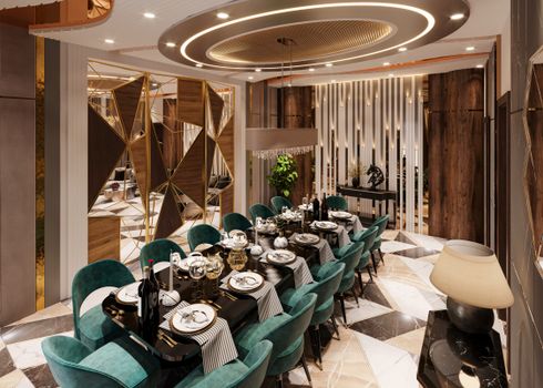 Elegant dining room with modern decor in Lahore, Pakistan with exquisite furnishings.