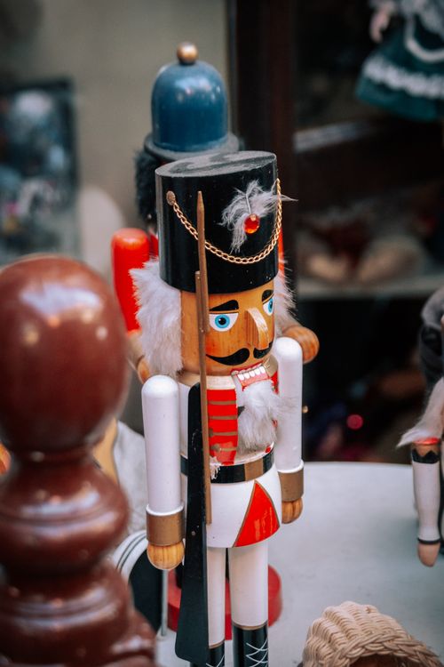 Free Close-up of a traditional wooden nutcracker soldier figurine on display. Stock Photo