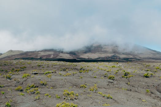 A mist-covered view of Piton de la Fournaise volcano on La Réunion Island.
