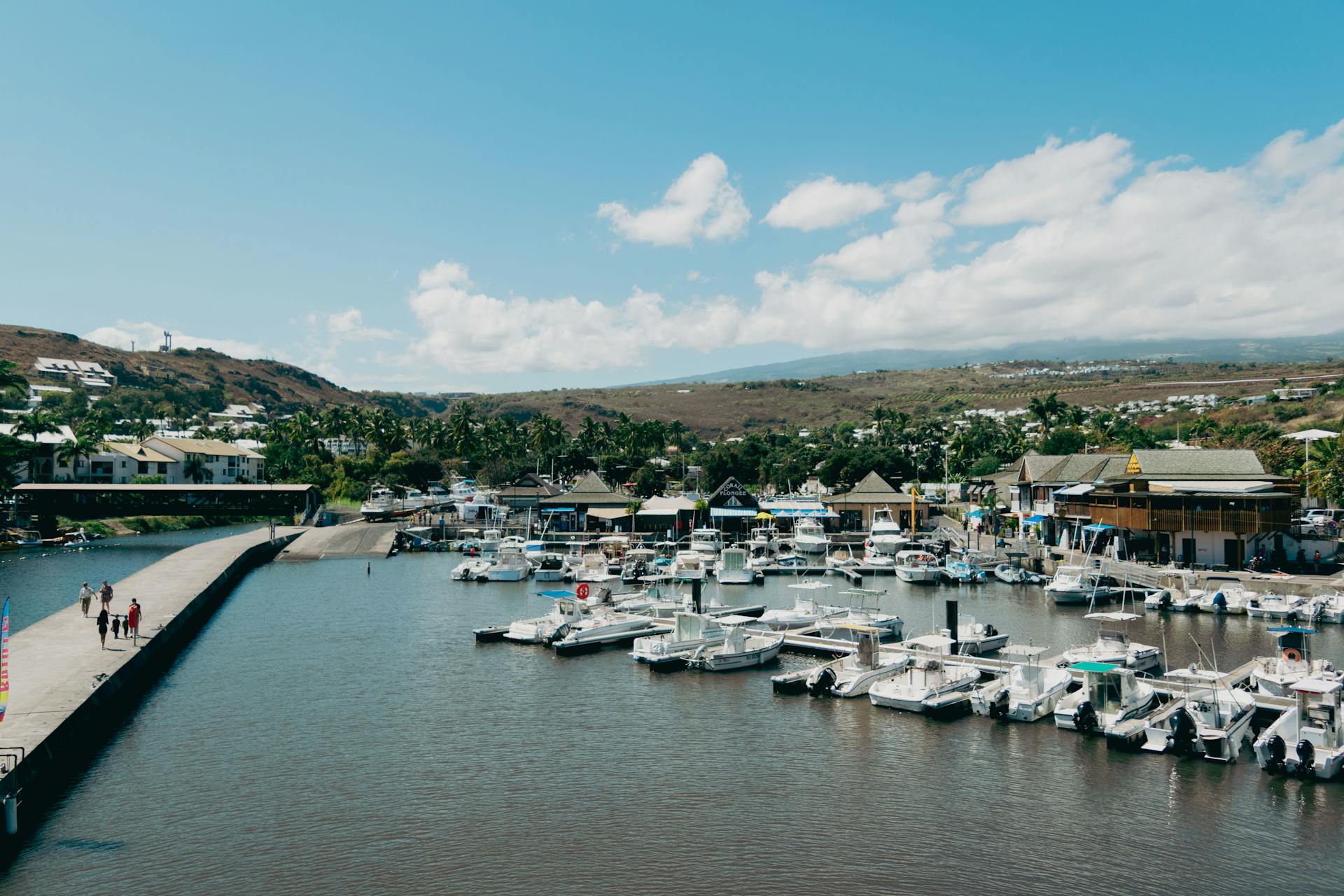 Explore the serene harbor of La Réunion with boats and scenic hills.