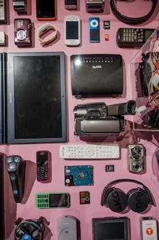 Assorted vintage electronics displayed on a pink surface.