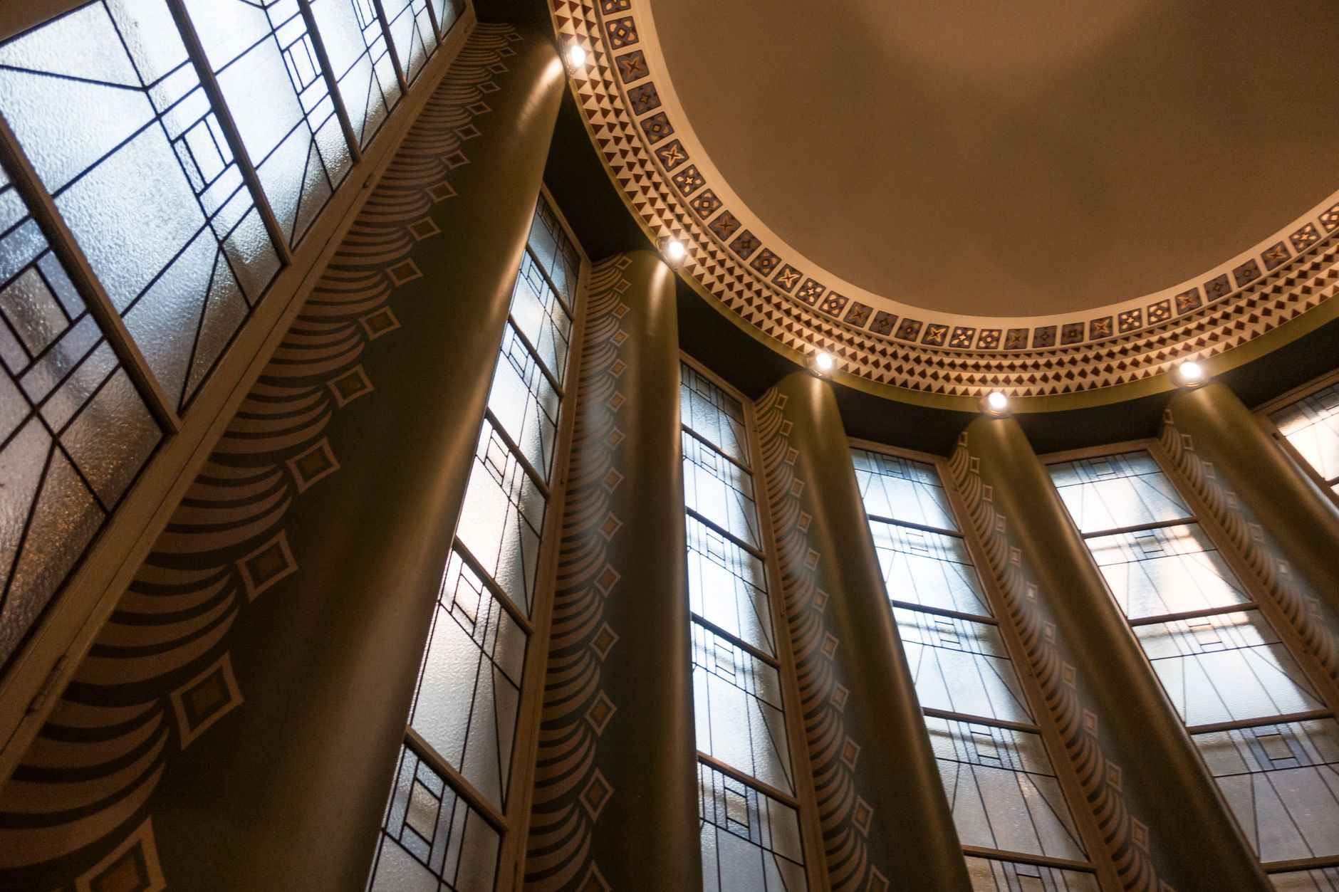 Stunning Art Deco architectural interior with decorative pillars and stained glass in Lahti, Finland.. pexels, stunning, deco