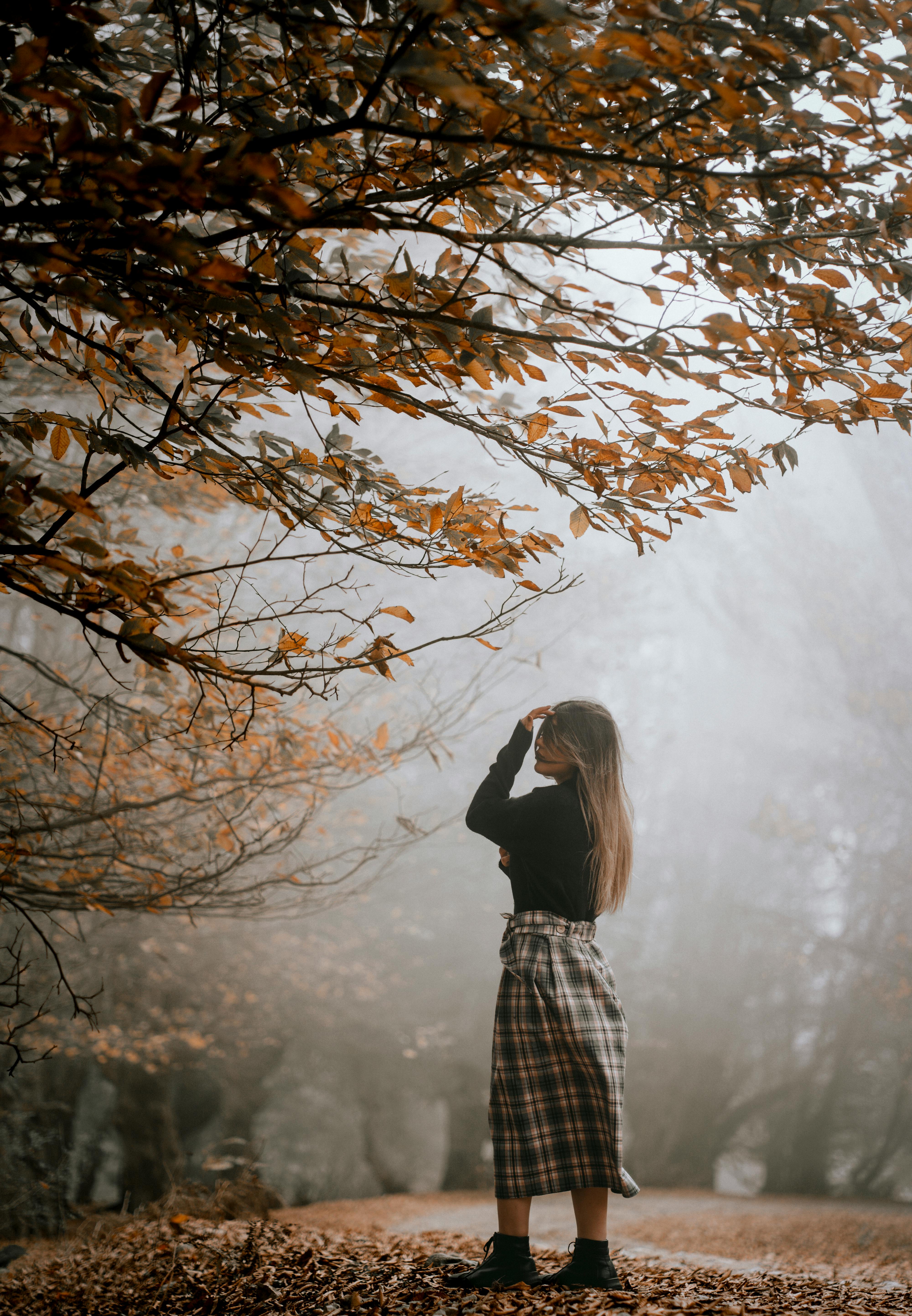 A woman stands in a misty autumn forest gazing upward, surrounded by fall foliage and soft fog.