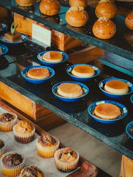 A delicious assortment of pastries, flans, and muffins displayed on trays indoors.