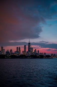 Capture the beauty of Chicago's skyline at dusk, with vibrant skies and illuminated buildings.