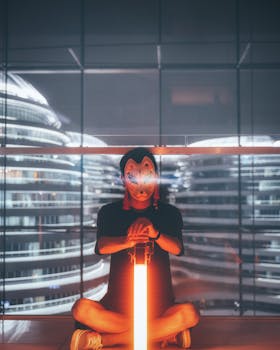 室内，一个神秘的蒙面人坐在霓虹灯光下，背景充满未来感