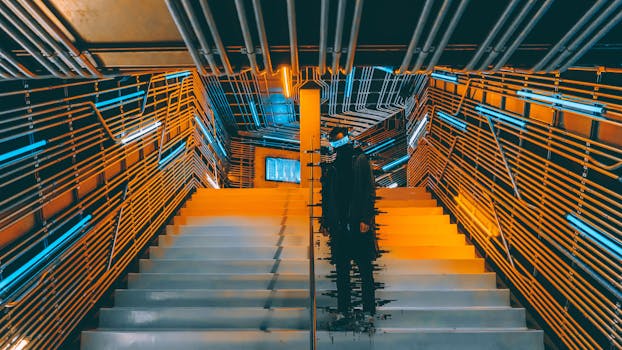 一个人站在未来派的楼梯上，四周被霓虹灯和金属墙壁包围