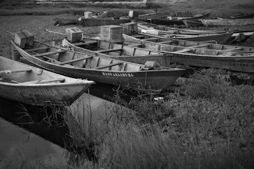 Captivating black and white photo of wooden canoes docked on a tranquil riverbank.