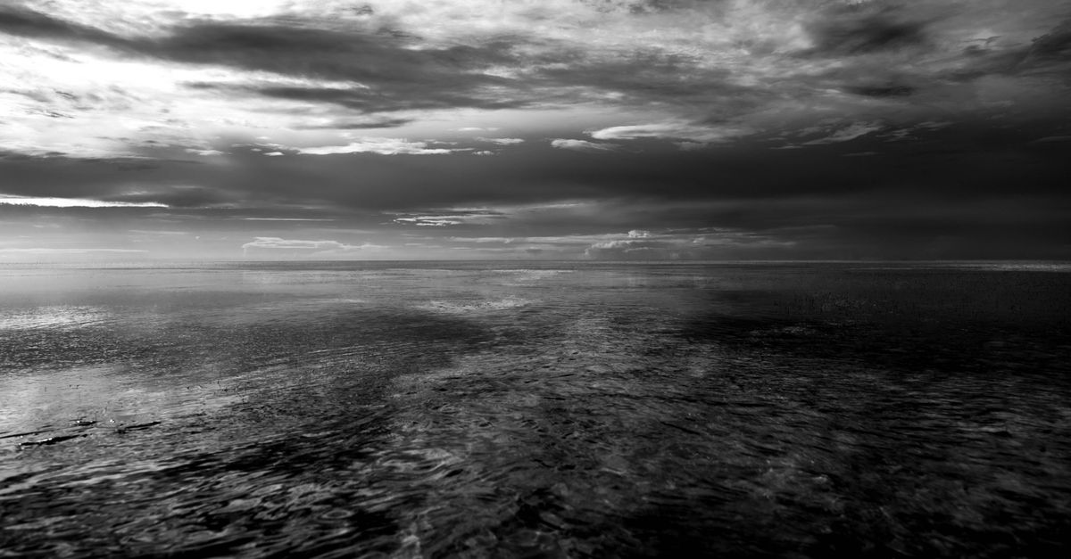 Black and white photo capturing a dramatic ocean horizon in New Port Richey, FL.