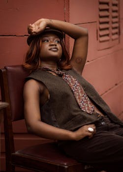 Woman in vintage attire poses confidently indoors, exuding style and confidence.