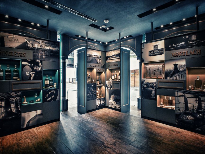 Contemporary interior showcasing whisky bottles and artistic designs in Taipei.