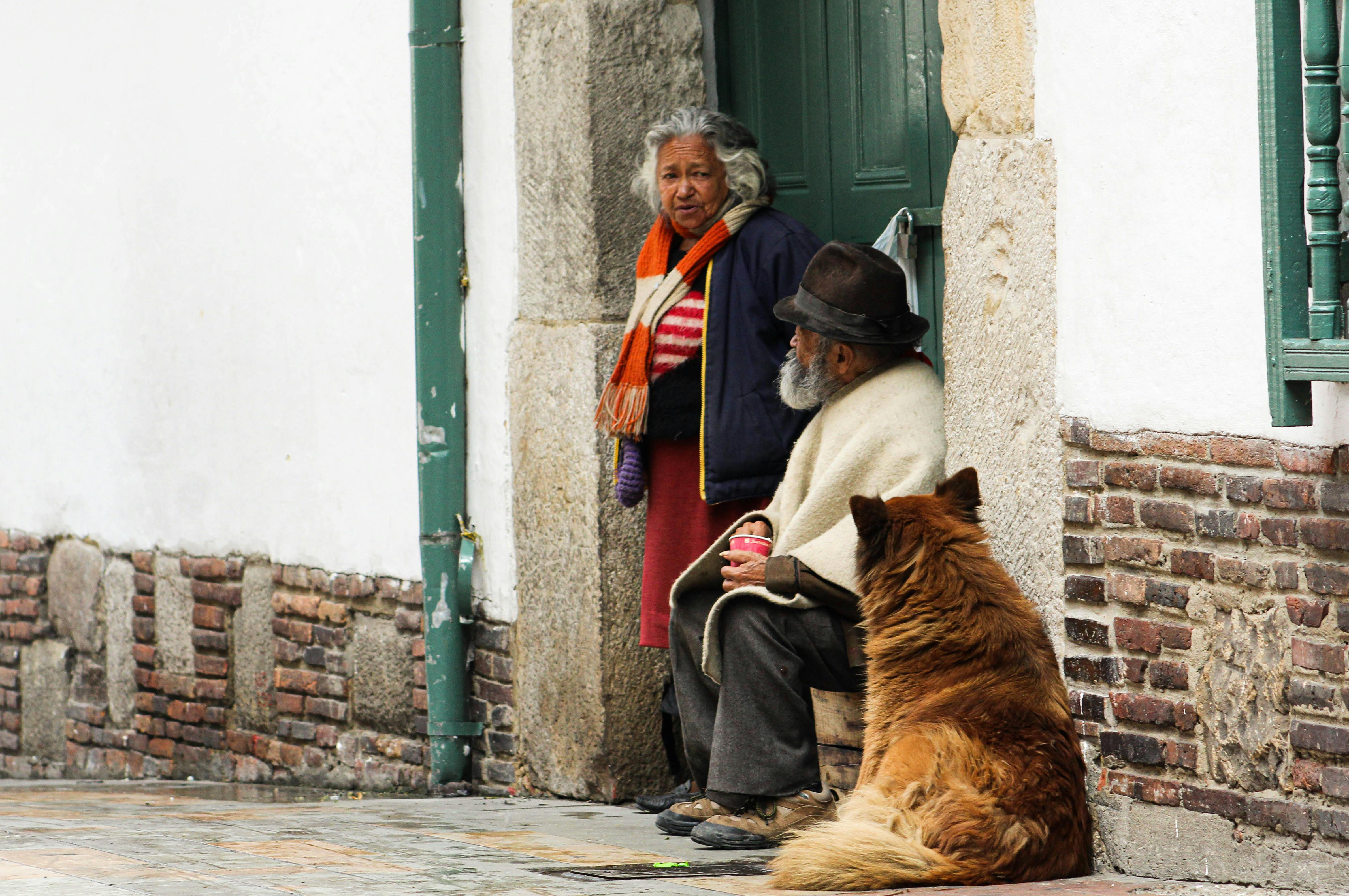 a man and woman sitting on a stoop with a dog