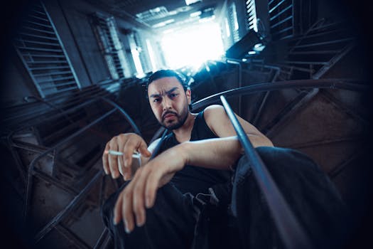 Dramatic low-angle shot of a man indoors with cinematic lighting.