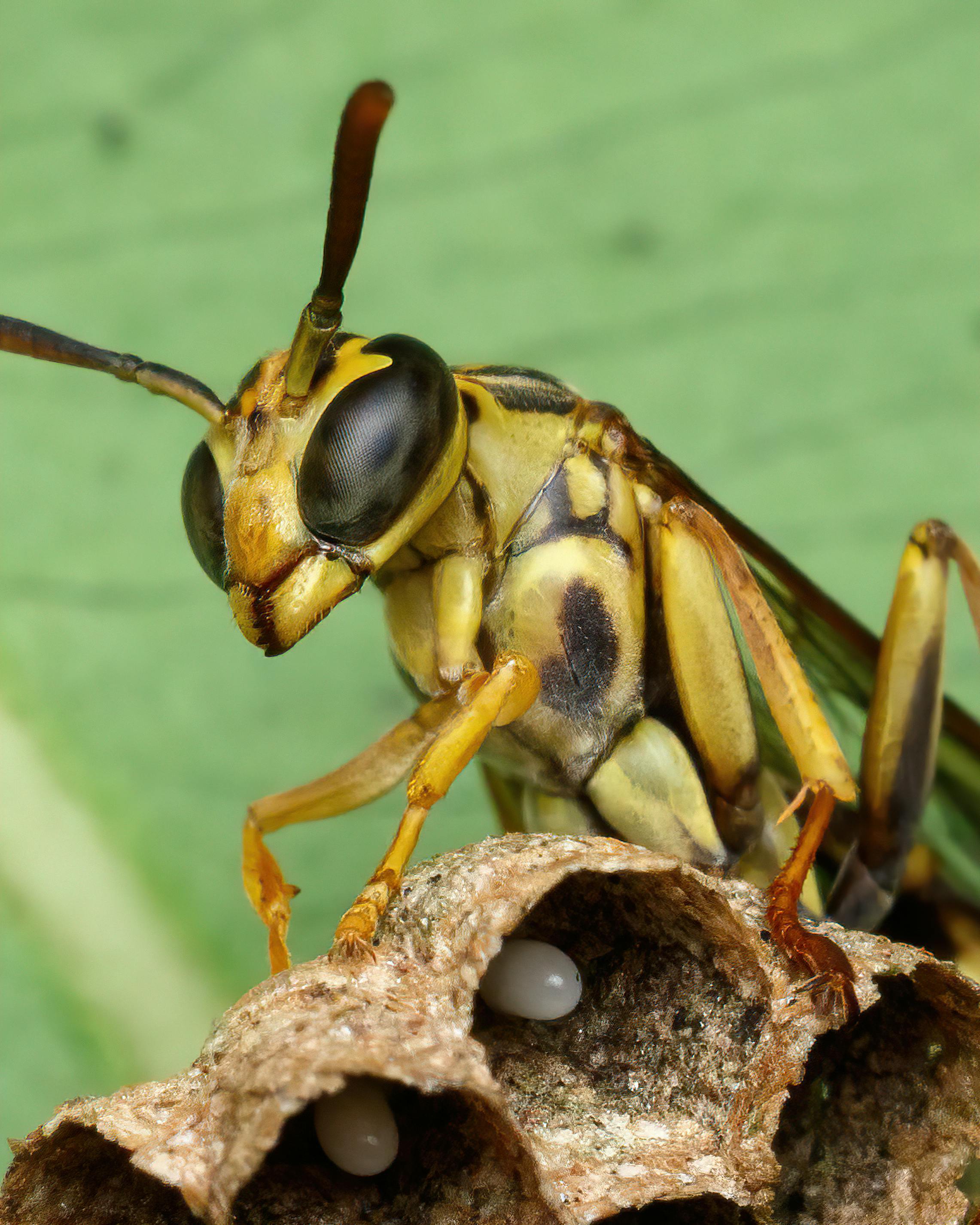 Yellowjacket tending open-comb paper nest with eggs