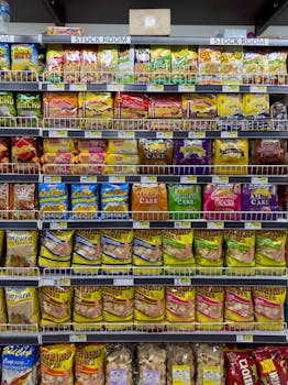 Variety of snacks in an indoor supermarket aisle, colorful packaging.