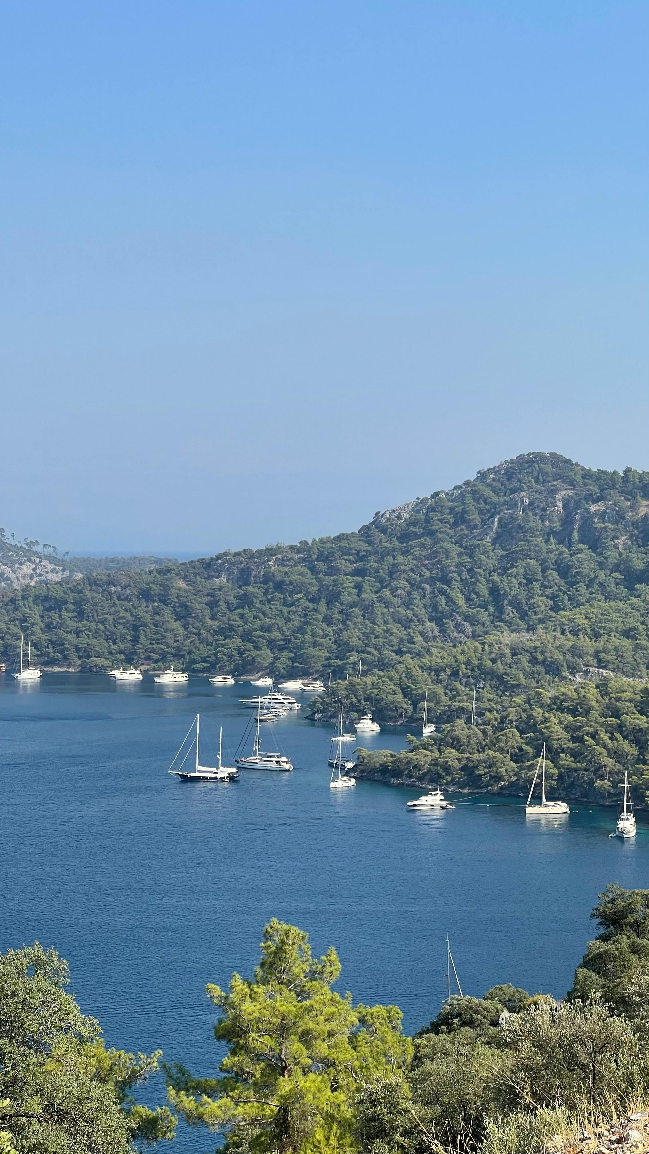 a view of boats in the water near a hill