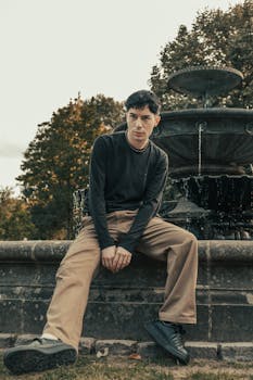 A young man casually sits by a park fountain, exuding cool and relaxed vibes in a fall setting.