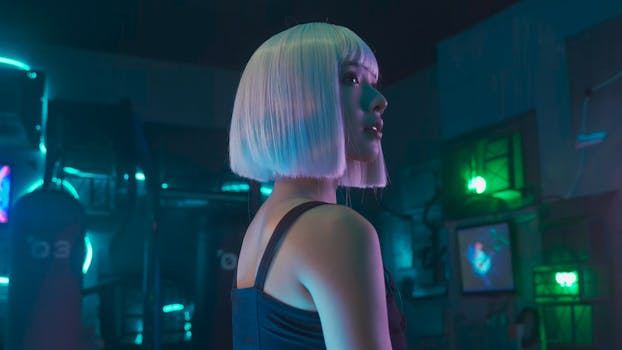 A stylish woman with short white hair in a neon-lit futuristic room.