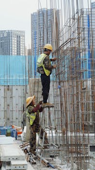 Two construction workers on site erecting steel framework for urban skyscrapers.