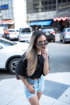 Stylish young woman in sunglasses walking in a bustling city street.