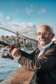 Senior man fishing at Galata Bridge with Galata Tower in the background, Istanbul.