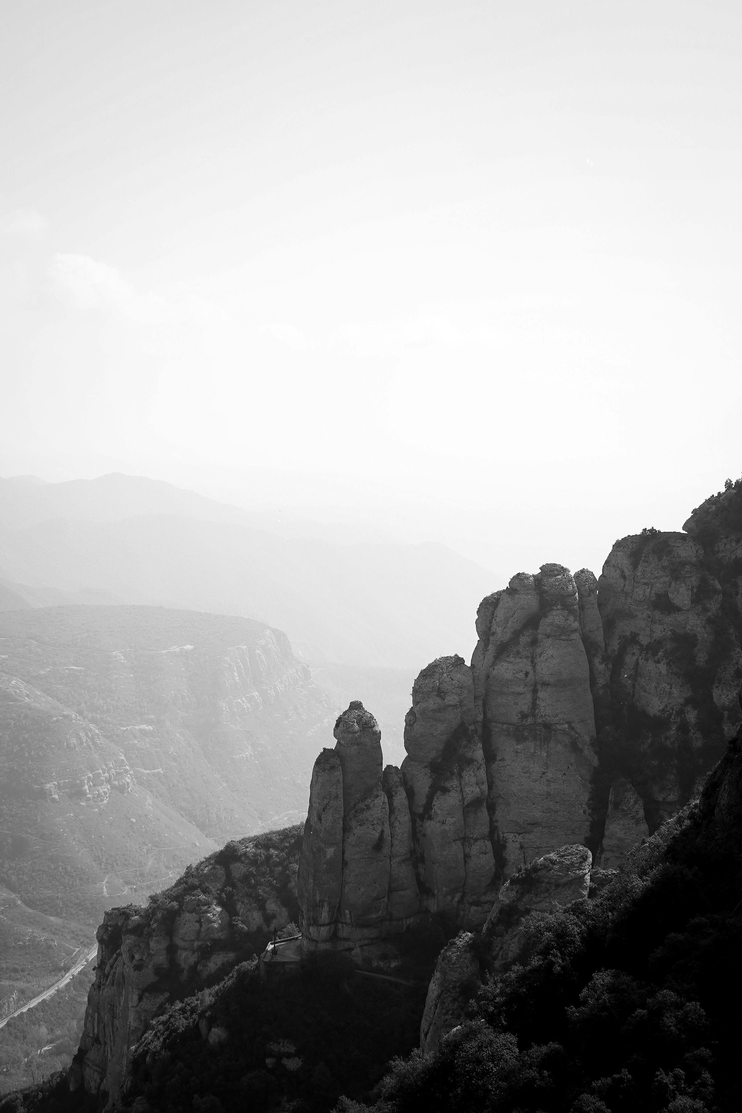 Stunning black and white photo of Montserrat's iconic rock formations in Spain.