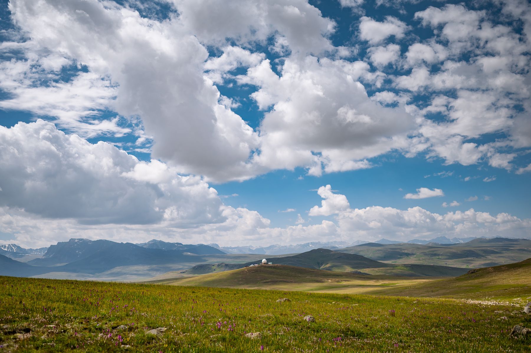 Wide-angle view of lush green fields and cloudy sky in Skardu, Pakistan.
