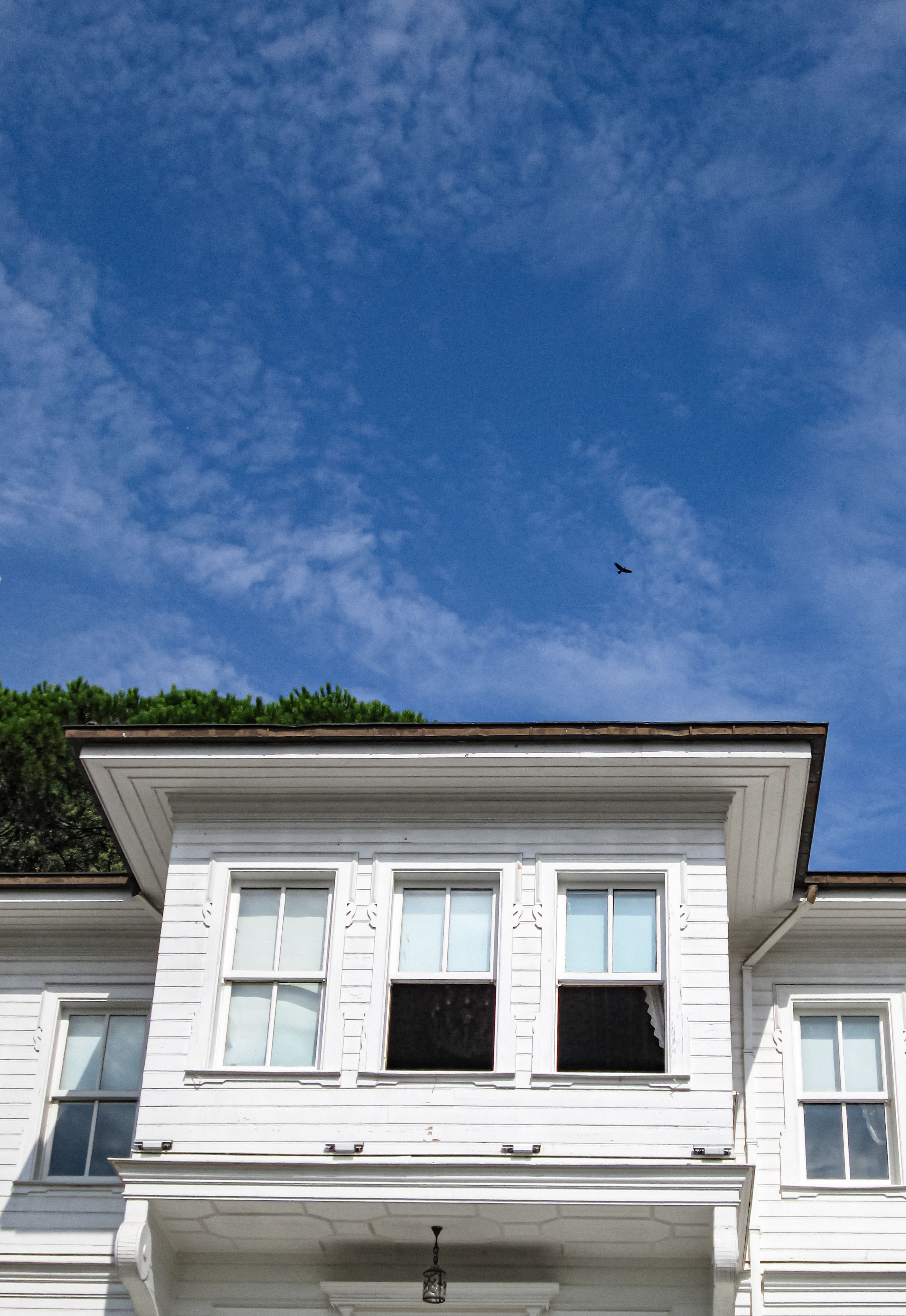 A white house with a blue sky and a bird · Free Stock Photo