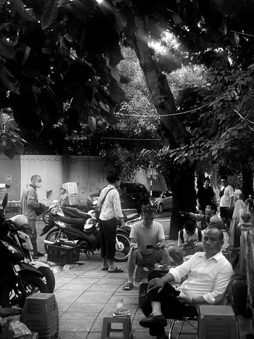 Free Black and white street scene featuring people, motorcycles, and lush trees, offering a slice of urban life. Stock Photo