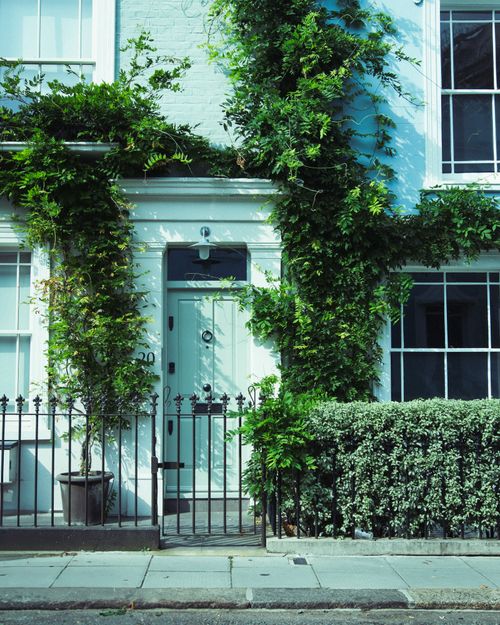 Free Beautiful traditional London house with ivy, classic doorway, and summer sunlight. Stock Photo