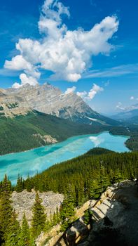 A breathtaking view of a turquoise mountain lake in summer, surrounded by lush forests and towering peaks.
