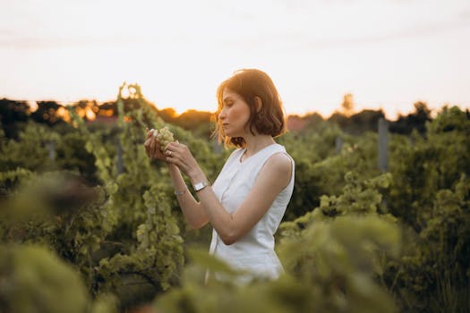 A woman enjoying the sunset while inspecting grapes in a lush vineyard.
